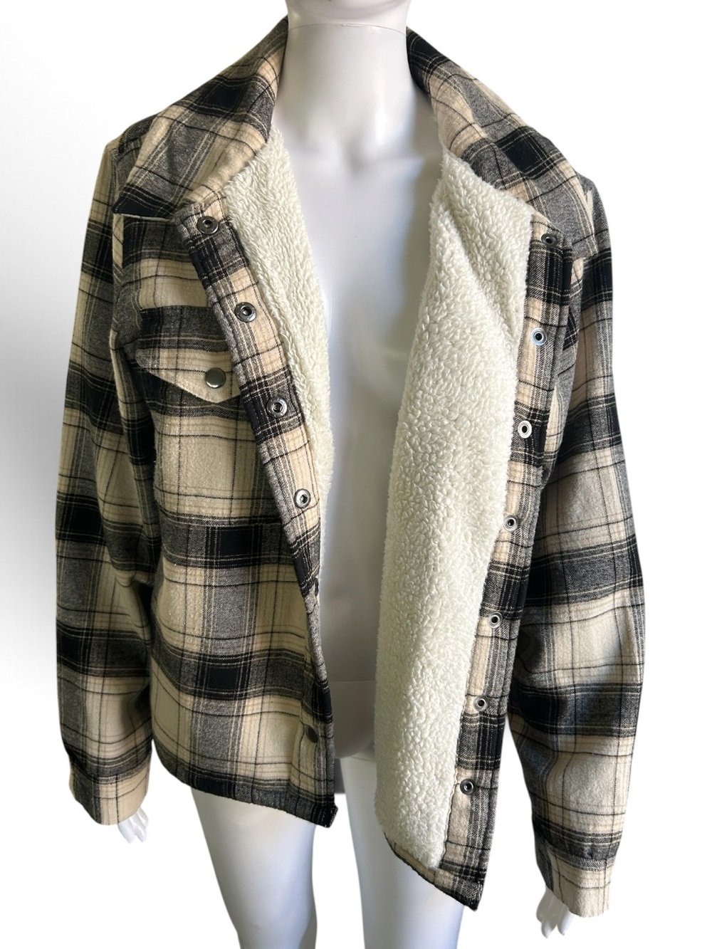 Lucky Brand Plaid Sherpa Lined Shacket Women L Cream Black Cotton Jacket